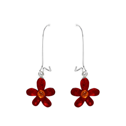 Red Flower Shiny Small Long Hook Earrings