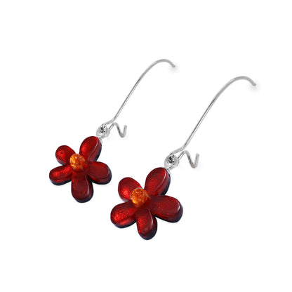 Red Flower Shiny Small Long Hook Earrings