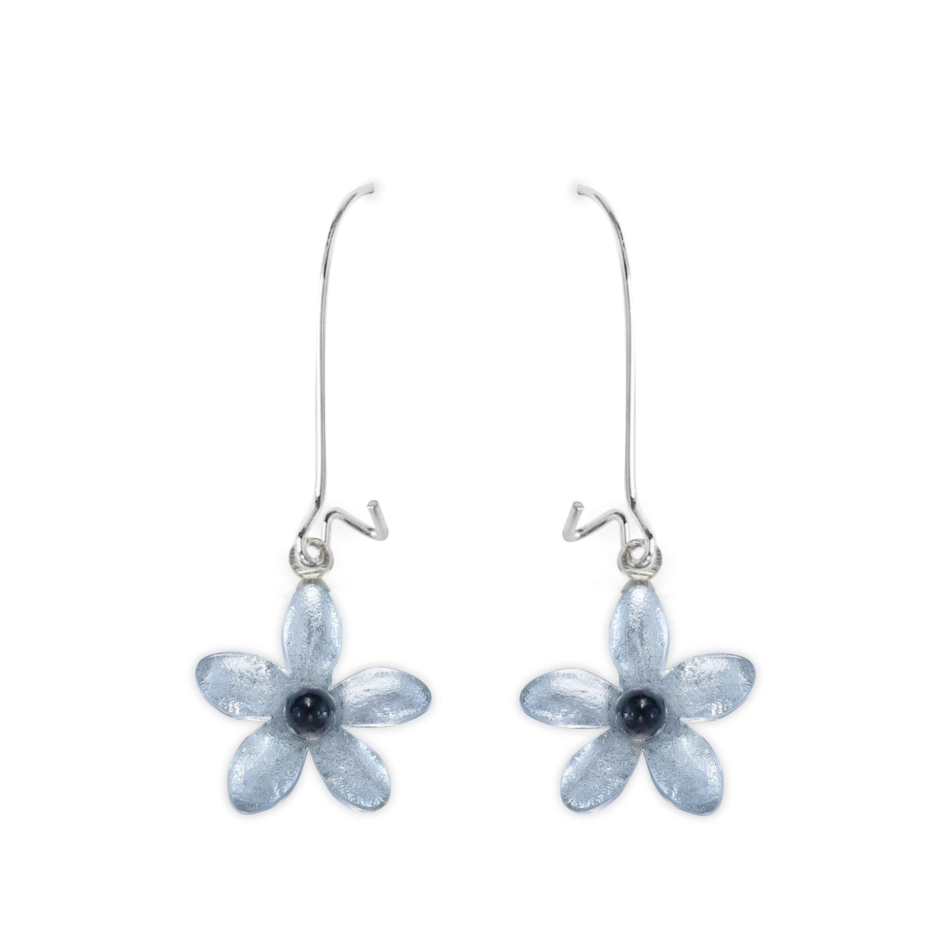 Silver Flower Shiny Small Long Hook Earrings | The Jewellery Stop