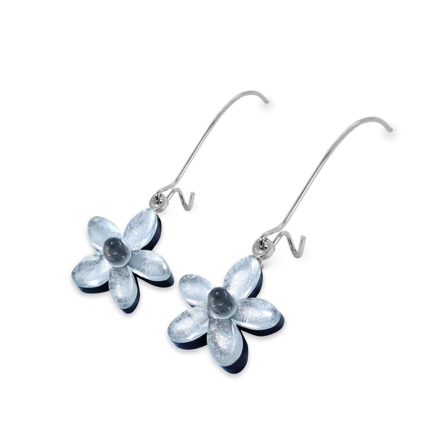 Silver Flower Shiny Small Long Hook Earrings | The Jewellery Stop