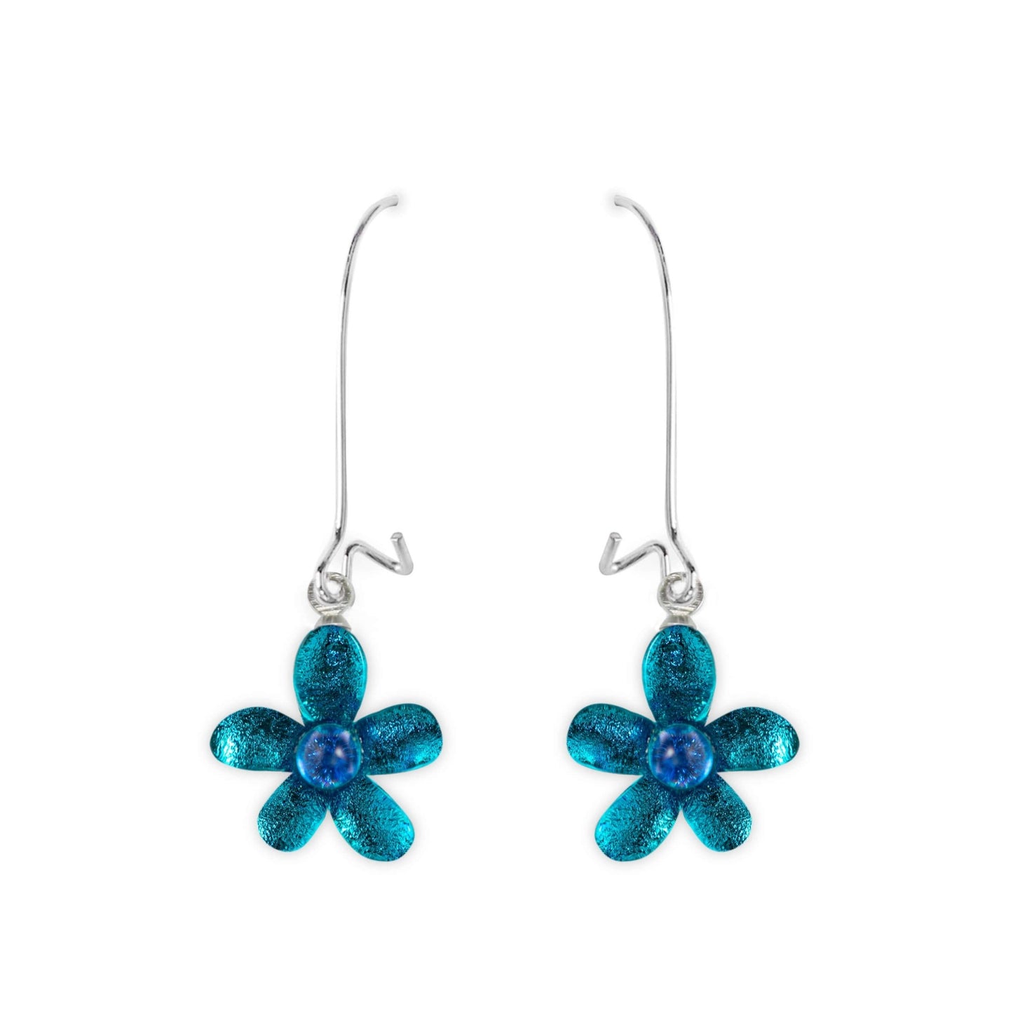 Teal Flower Shiny Small Long Hook Earrings | The Jewellery Stop