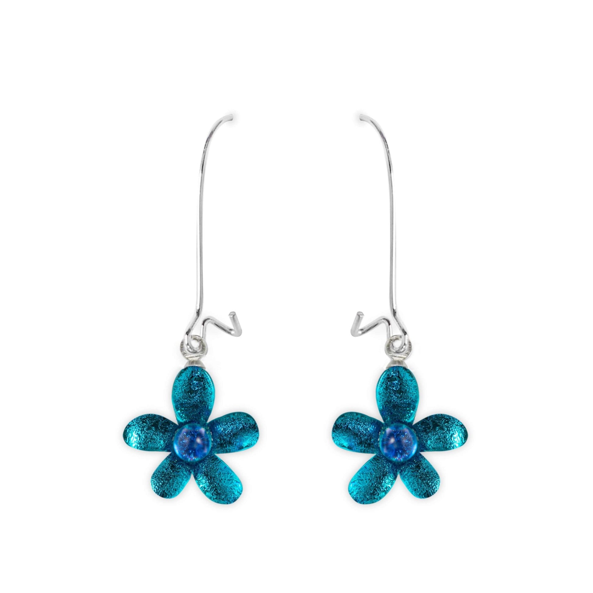 Teal Flower Shiny Small Long Hook Earrings | The Jewellery Stop