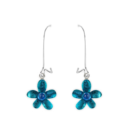 Teal Flower Shiny Small Long Hook Earrings | The Jewellery Stop
