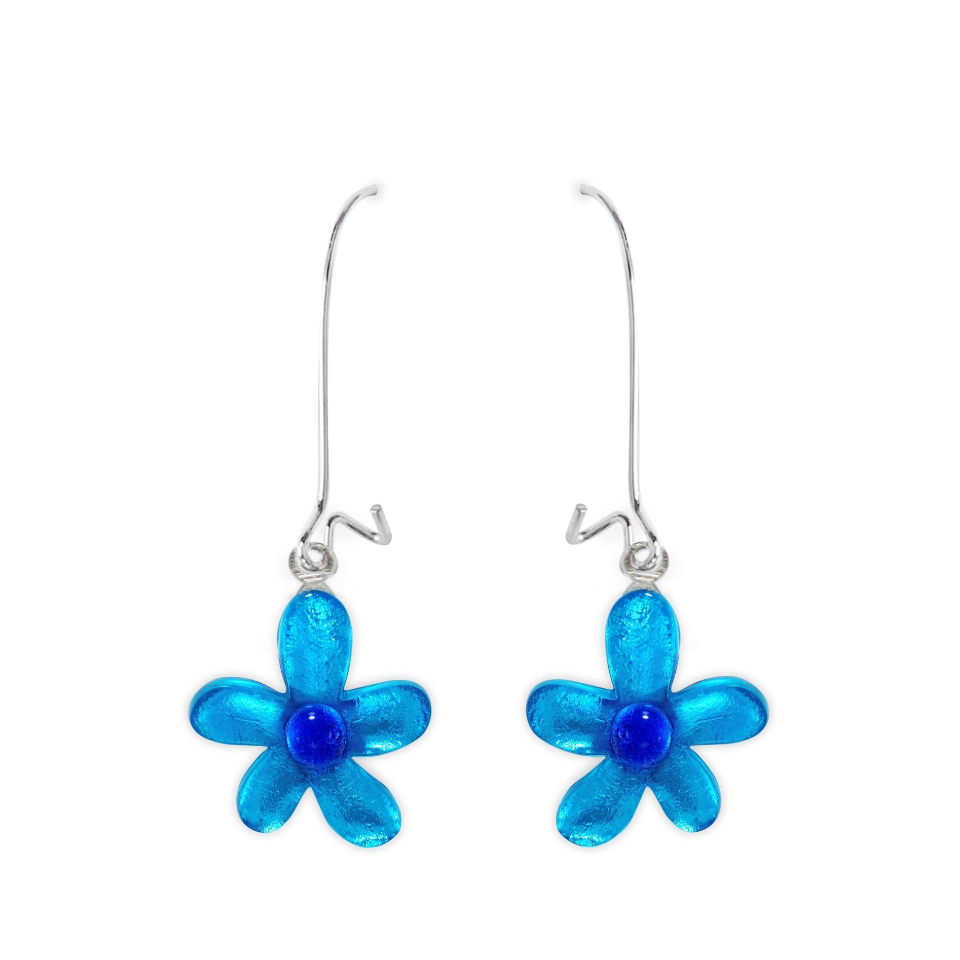 Turquoise Flower Shiny Small Long Hook Earrings | The Jewellery Stop