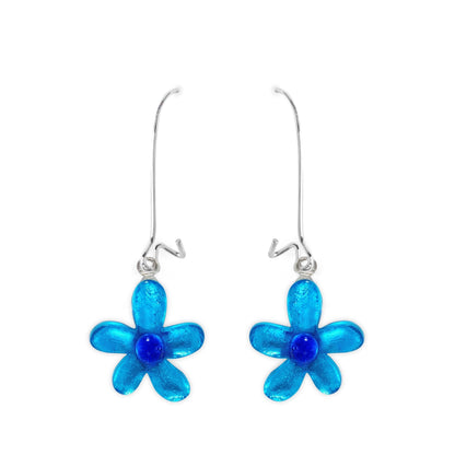 Turquoise Flower Shiny Small Long Hook Earrings | The Jewellery Stop