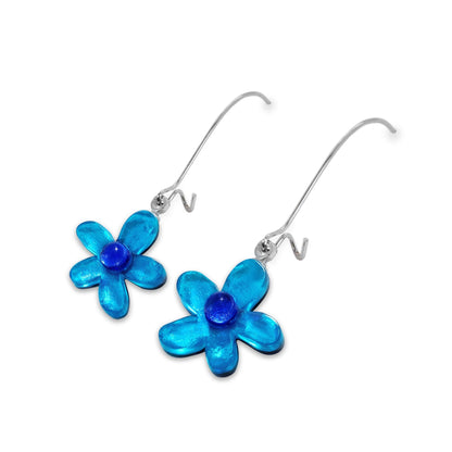 Turquoise Flower Shiny Small Long Hook Earrings | The Jewellery Stop