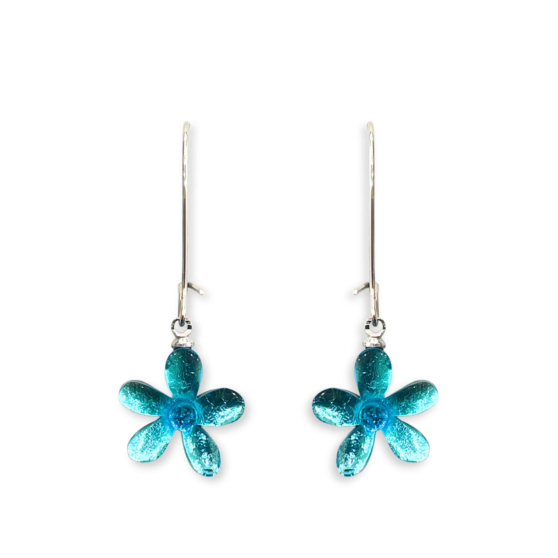 Aqua Flower Shiny Small Long Hook Earrings