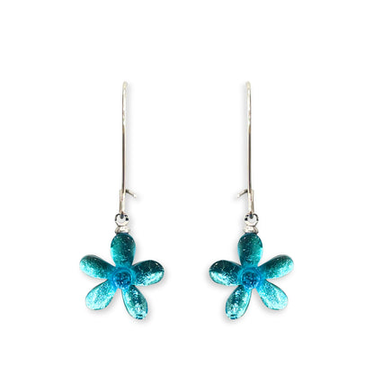 Aqua Flower Shiny Small Long Hook Earrings