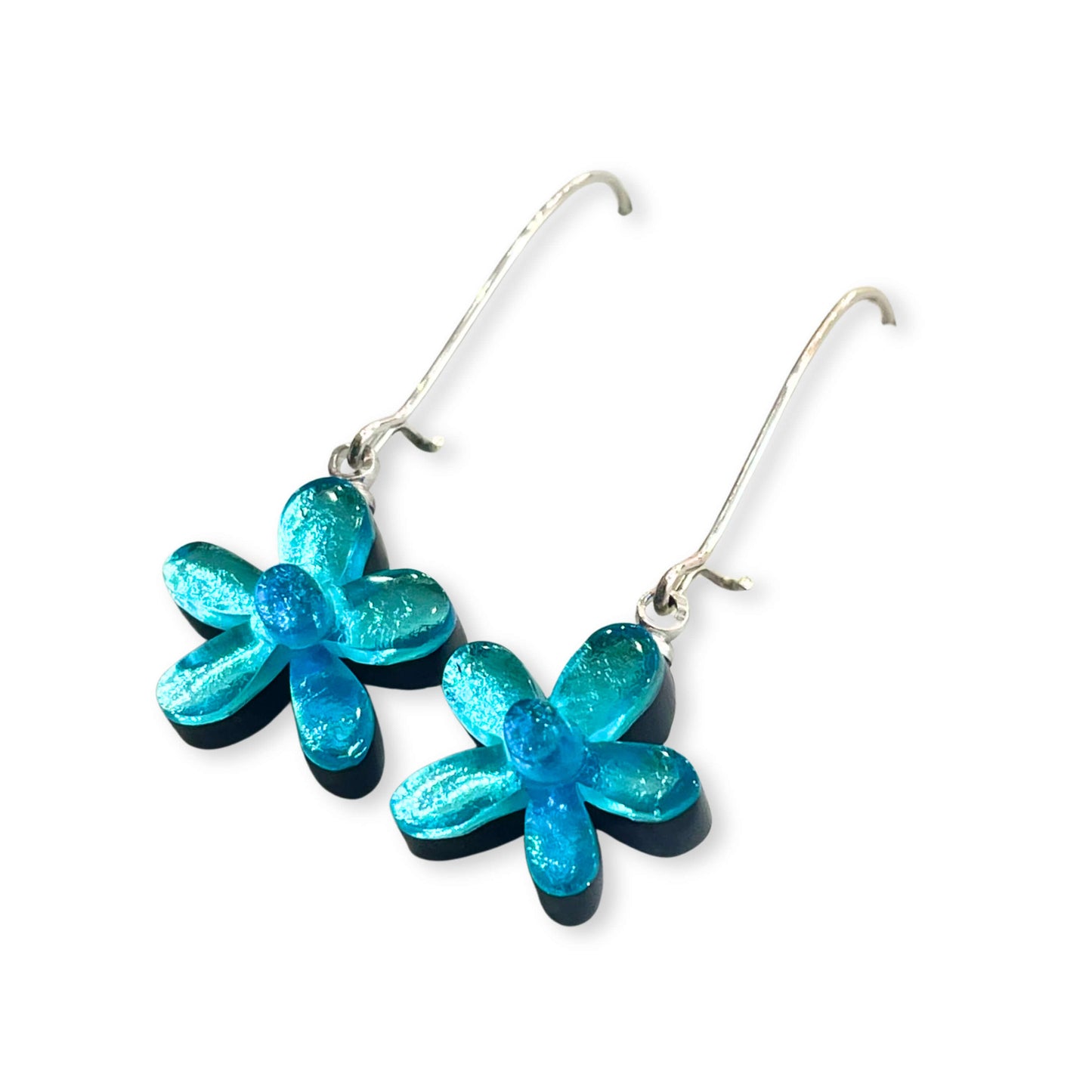 Aqua Flower Shiny Small Long Hook Earrings