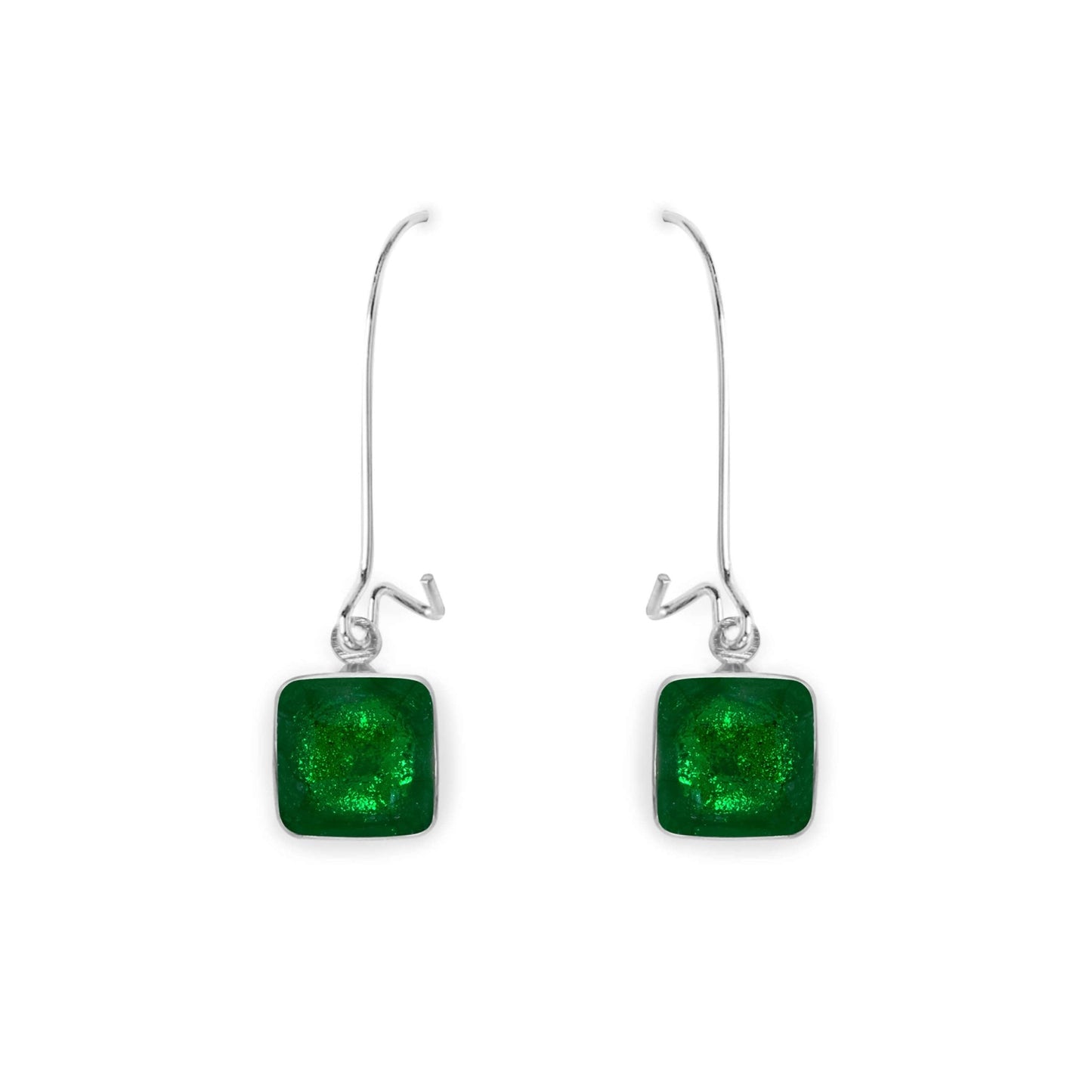 Emerald Aluminium Squares Shiny Long Hook Earrings | The Jewellery Stop