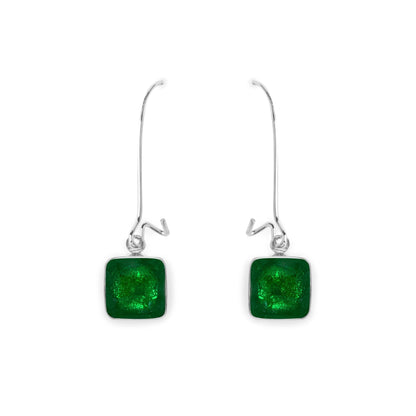 Emerald Aluminium Squares Shiny Long Hook Earrings | The Jewellery Stop