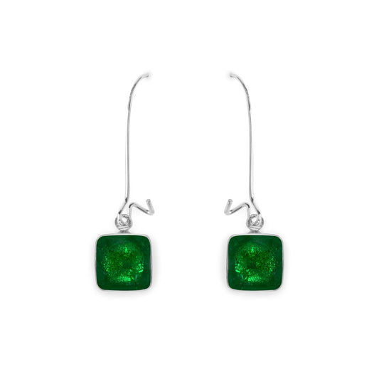 Emerald Aluminium Squares Shiny Long Hook Earrings | The Jewellery Stop
