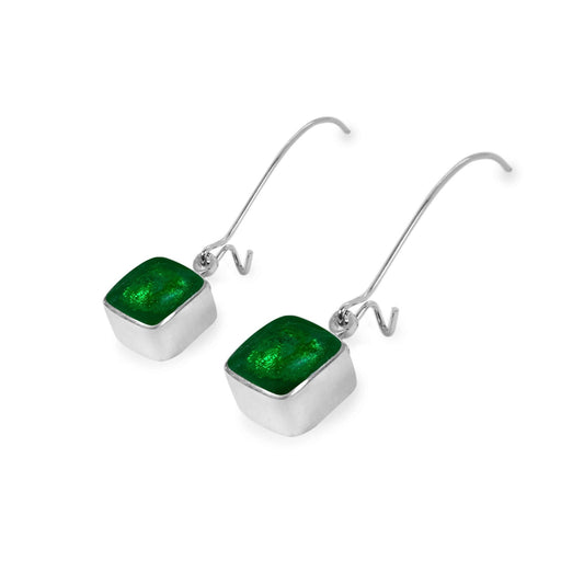 Emerald Aluminium Squares Shiny Long Hook Earrings | The Jewellery Stop
