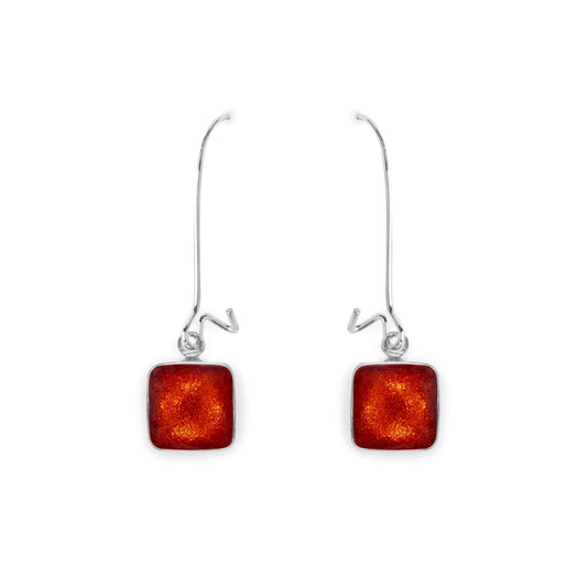 Orange Aluminium Squares Shiny Long Hook Earrings | The Jewellery Stop