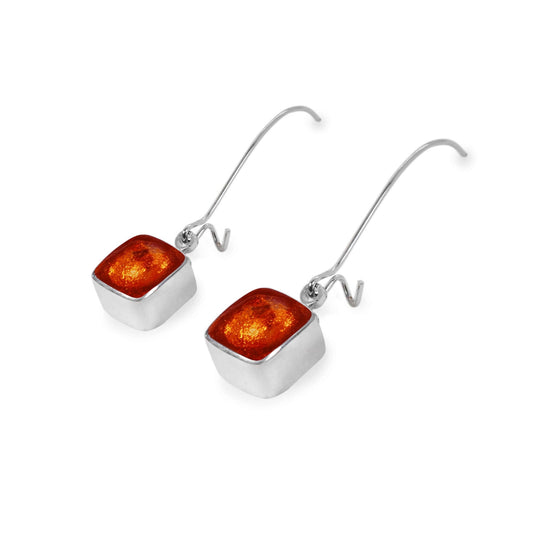 Orange Aluminium Squares Shiny Long Hook Earrings | The Jewellery Stop