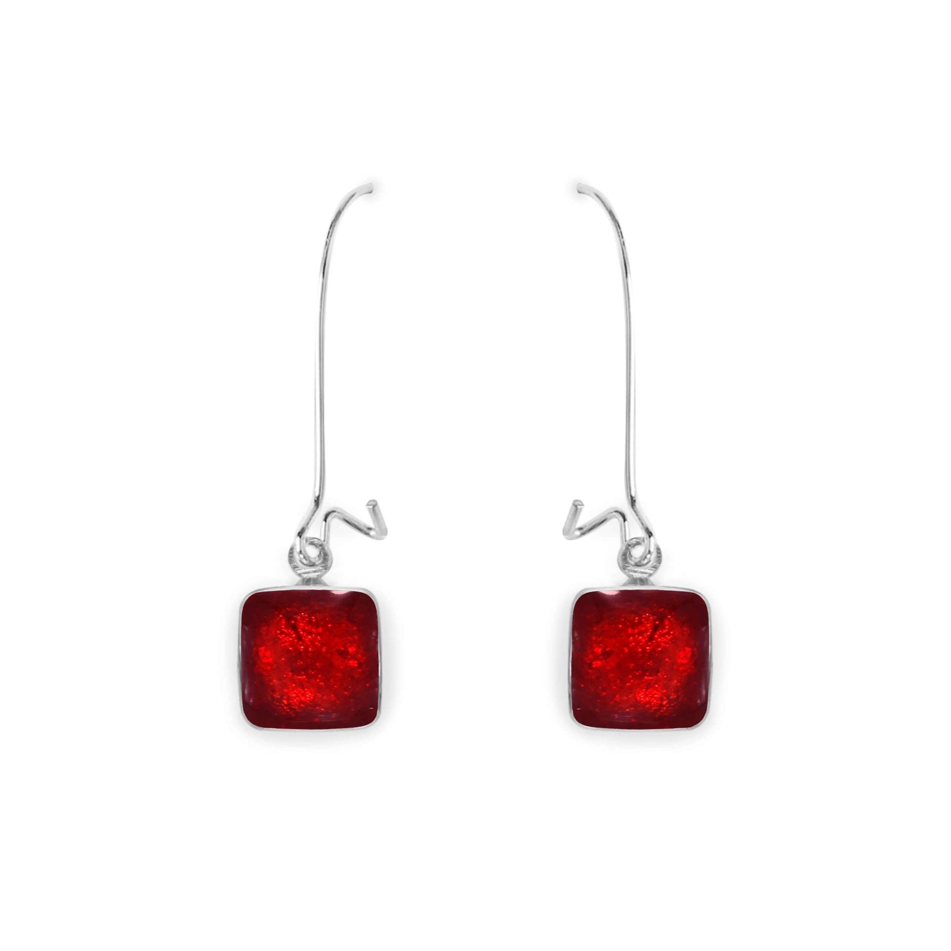 Red Aluminium Squares Shiny Long Hook Earrings | The Jewellery Stop
