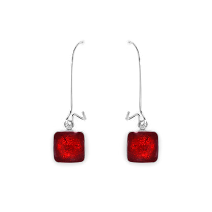 Red Aluminium Squares Shiny Long Hook Earrings | The Jewellery Stop