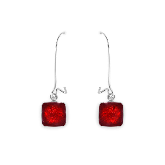 Red Aluminium Squares Shiny Long Hook Earrings | The Jewellery Stop