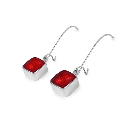Red Aluminium Squares Shiny Long Hook Earrings | The Jewellery Stop