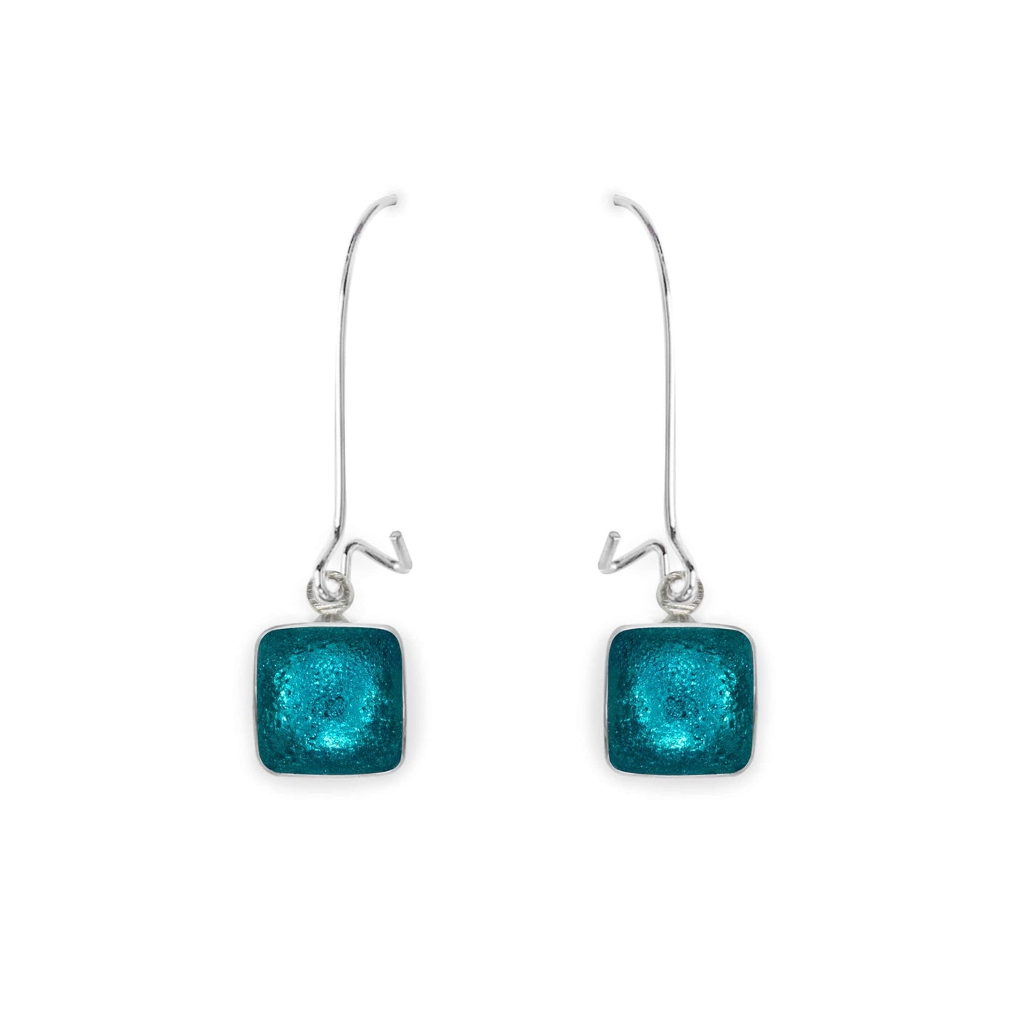 Teal Aluminium Squares Shiny Long Hook Earrings | The Jewellery Stop