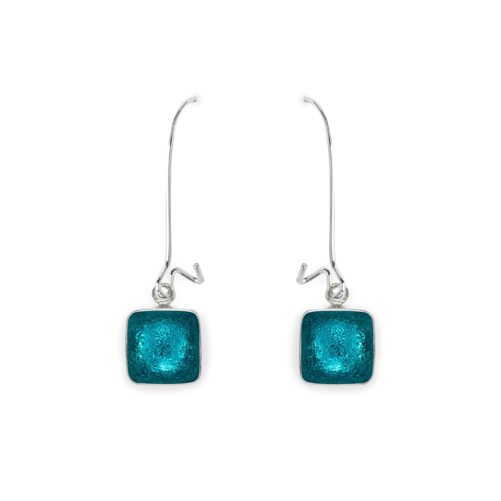 Teal Aluminium Squares Shiny Long Hook Earrings | The Jewellery Stop
