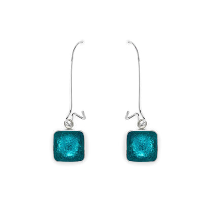 Teal Aluminium Squares Shiny Long Hook Earrings | The Jewellery Stop