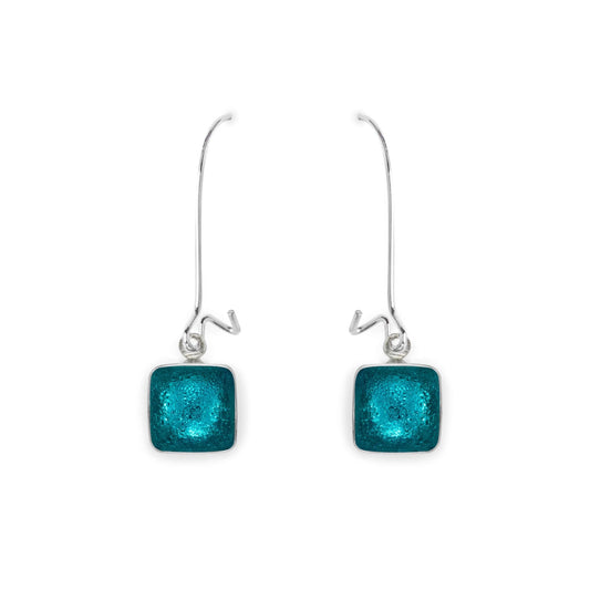 Teal Aluminium Squares Shiny Long Hook Earrings | The Jewellery Stop