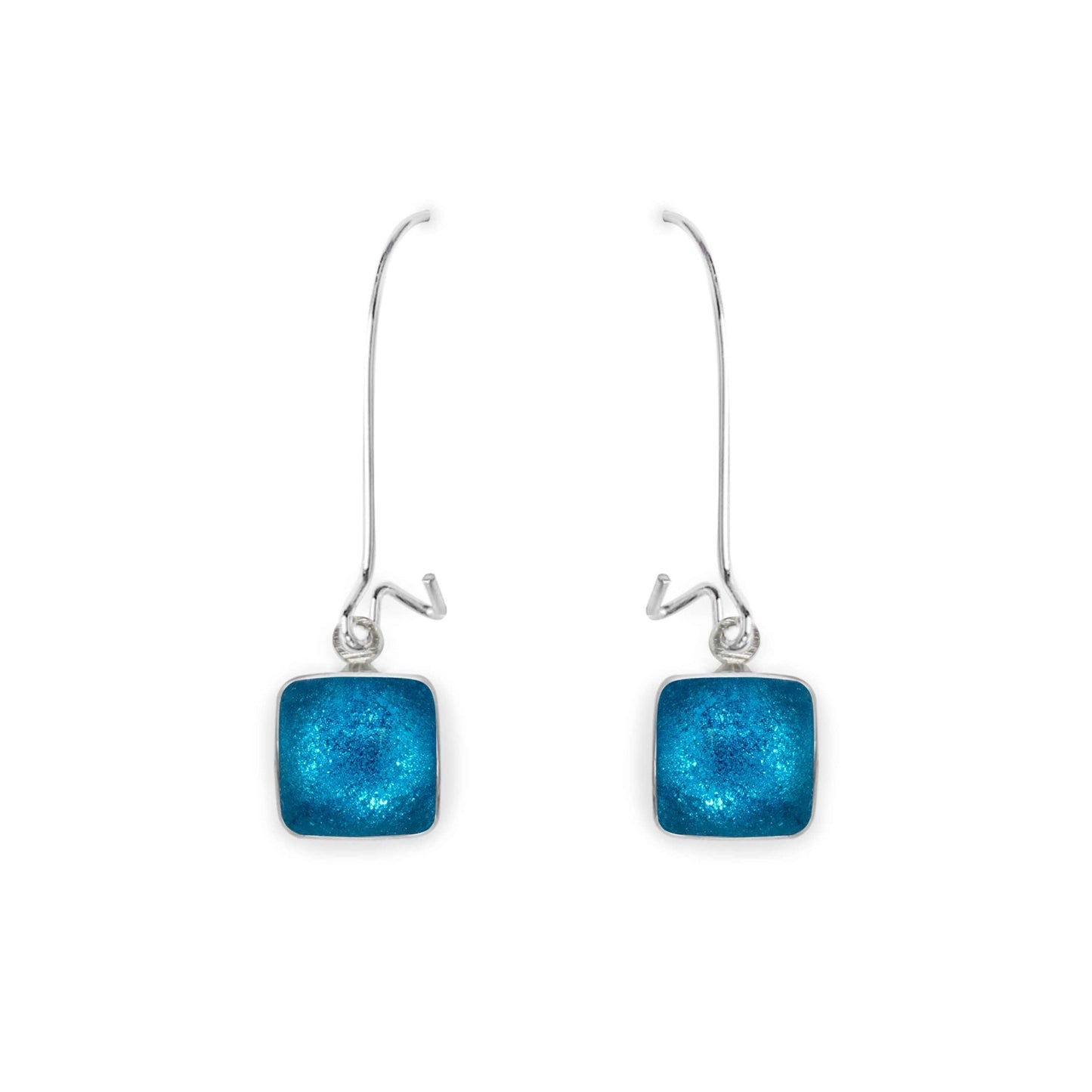 Turquoise Aluminium Squares Shiny Long Hook Earrings | The Jewellery Stop