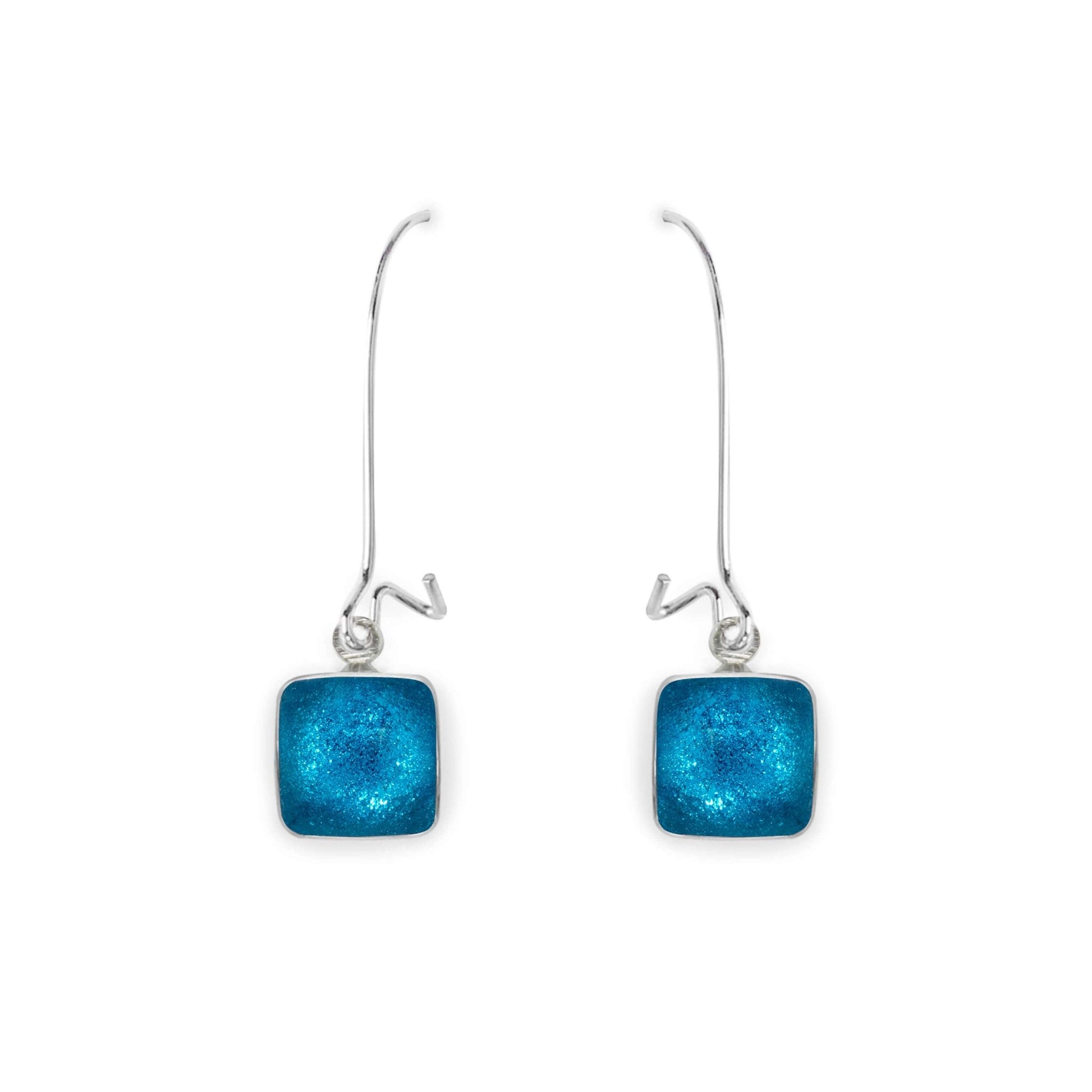 Turquoise Aluminium Squares Shiny Long Hook Earrings | The Jewellery Stop