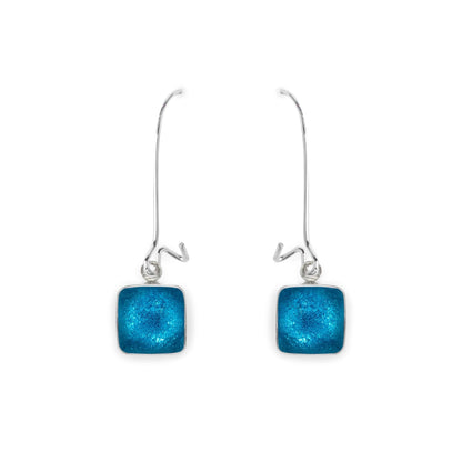 Turquoise Aluminium Squares Shiny Long Hook Earrings | The Jewellery Stop