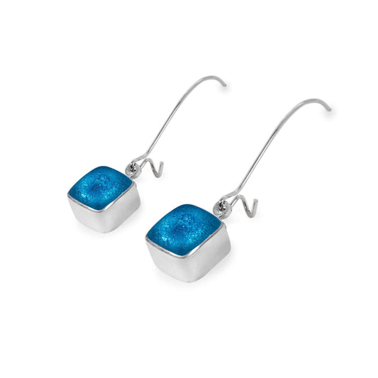 Turquoise Aluminium Squares Shiny Long Hook Earrings | The Jewellery Stop