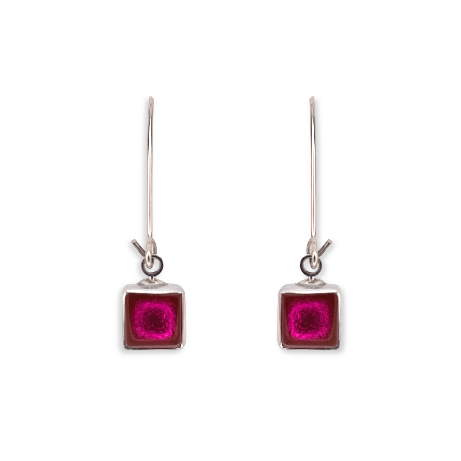 Fuchsia Aluminium Squares Shiny Long Hook Earrings