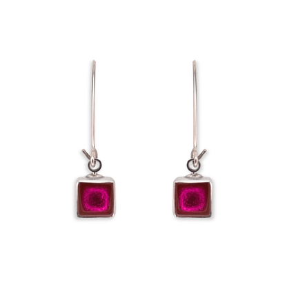 Fuchsia Aluminium Squares Shiny Long Hook Earrings