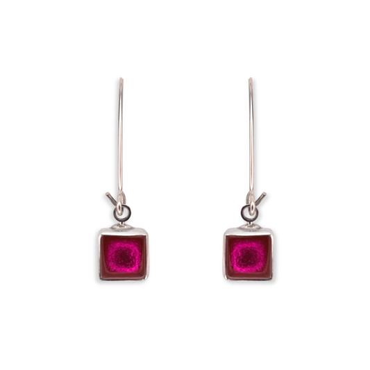 Fuchsia Aluminium Squares Shiny Long Hook Earrings
