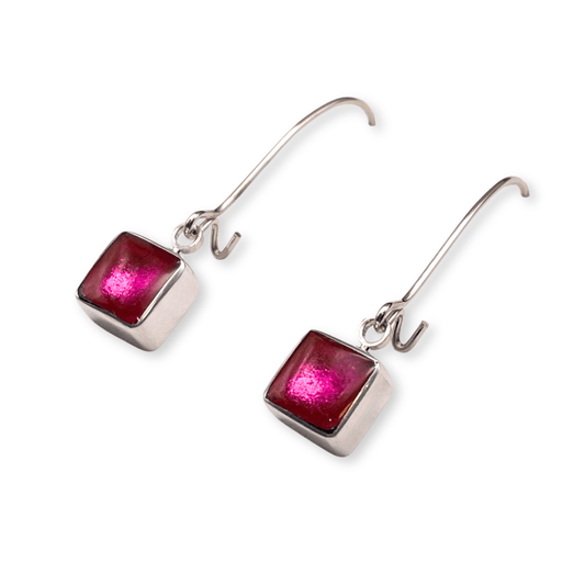 Fuchsia Aluminium Squares Shiny Long Hook Earrings