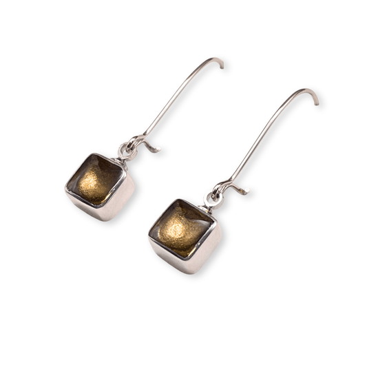 Gold Aluminium Squares Shiny Long Hook Earrings