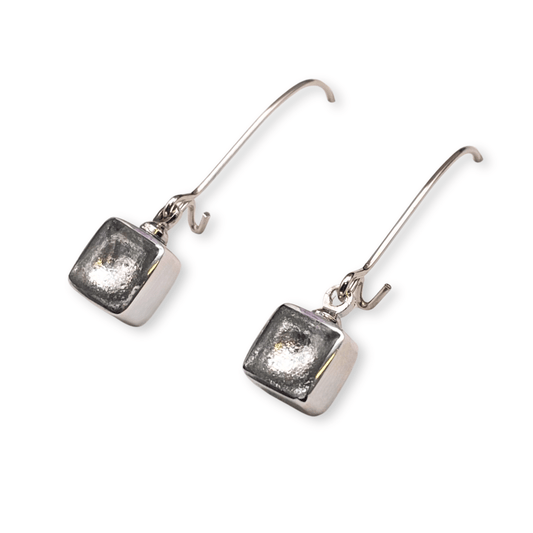 Silver Aluminium Squares Shiny Long Hook Earrings