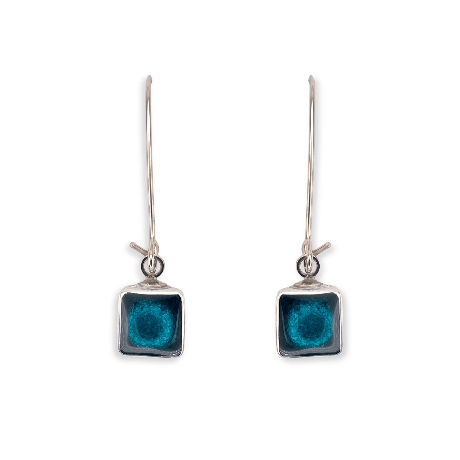 Verdigris Aluminium Squares Shiny Long Hook Earrings