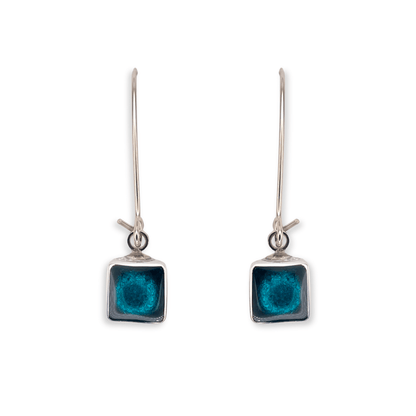 Verdigris Aluminium Squares Shiny Long Hook Earrings