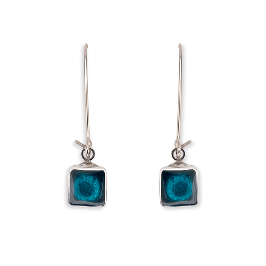 Verdigris Aluminium Squares Shiny Long Hook Earrings
