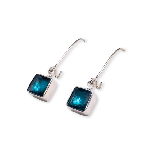 Verdigris Aluminium Squares Shiny Long Hook Earrings