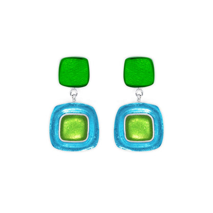 Neptune Abstract Squares Shiny Double Drop Stud Earrings | The Jewellery Stop