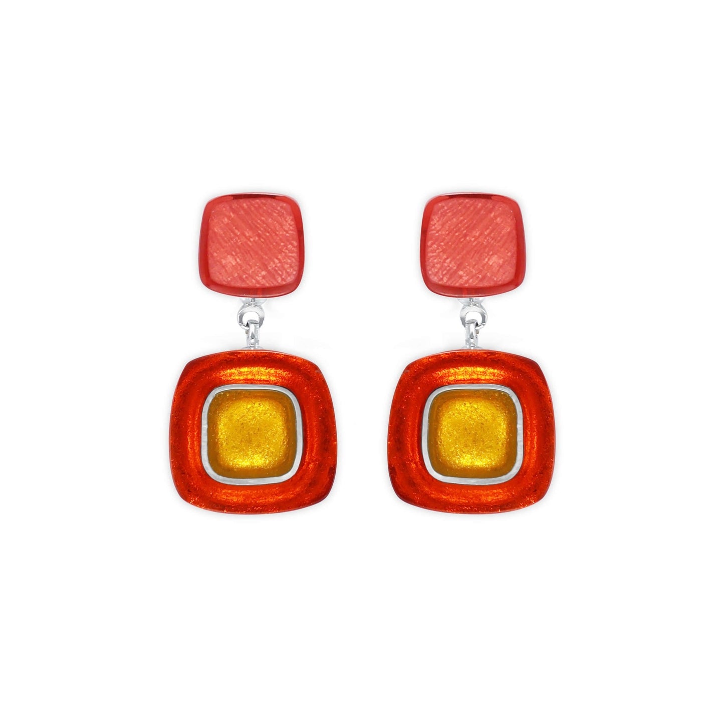 Terracotta Abstract Squares Shiny Double Drop Stud Earrings | The Jewellery Stop