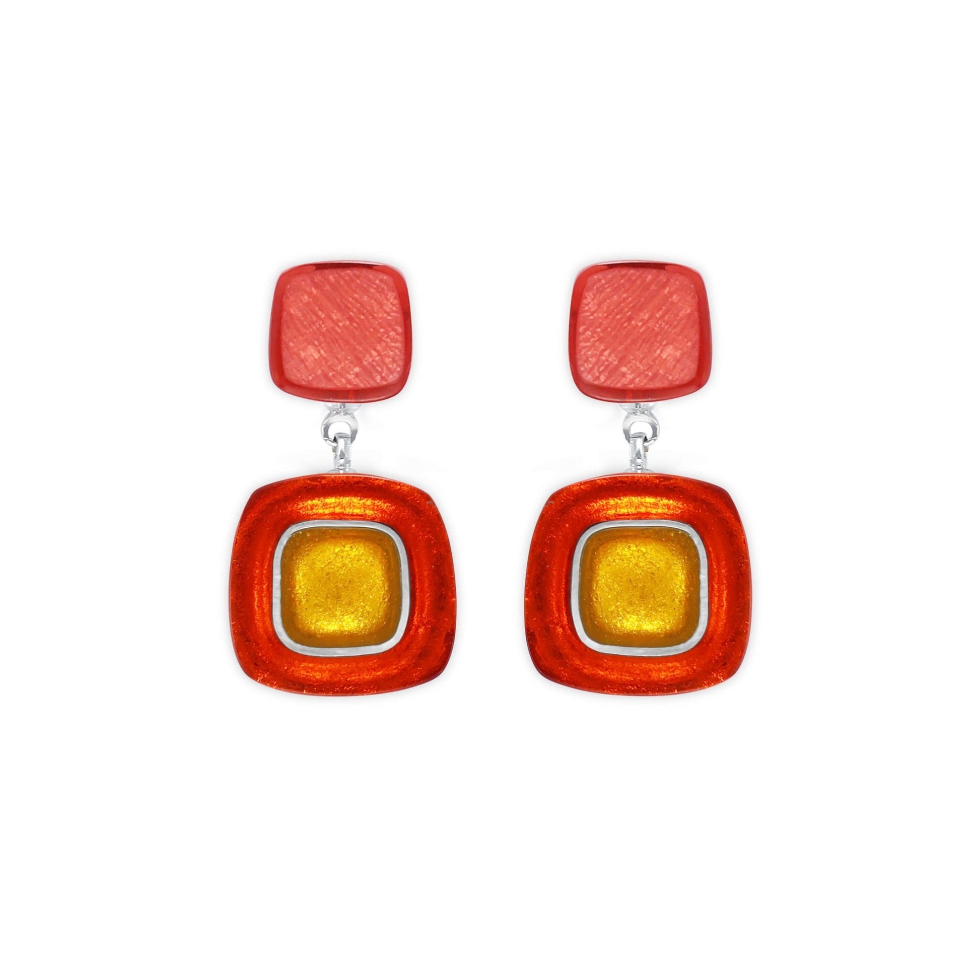Terracotta Abstract Squares Shiny Double Drop Stud Earrings | The Jewellery Stop