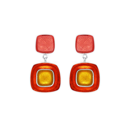 Terracotta Abstract Squares Shiny Double Drop Stud Earrings | The Jewellery Stop