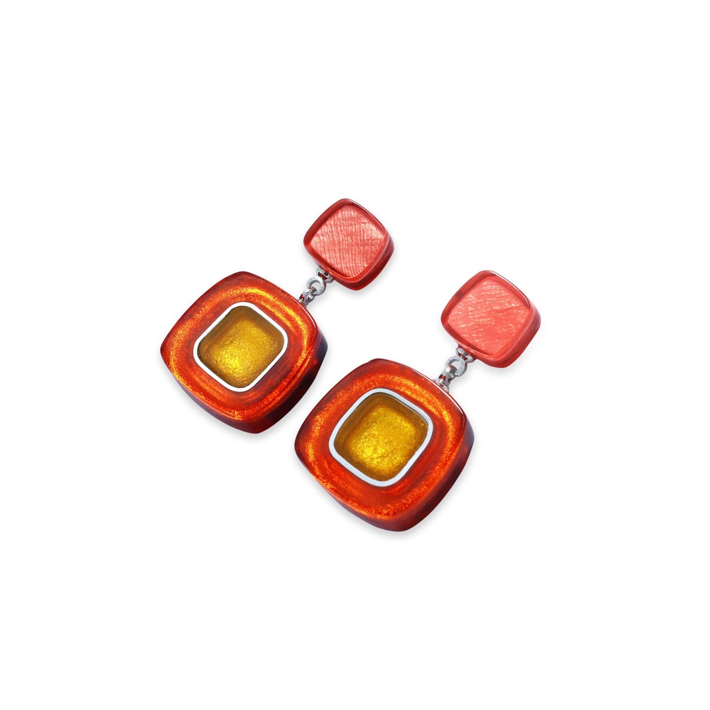 Terracotta Abstract Squares Shiny Double Drop Stud Earrings | The Jewellery Stop