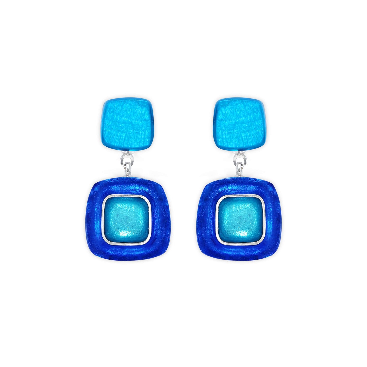 Turquoise Abstract Squares Shiny Double Drop Stud Earrings | The Jewellery Stop