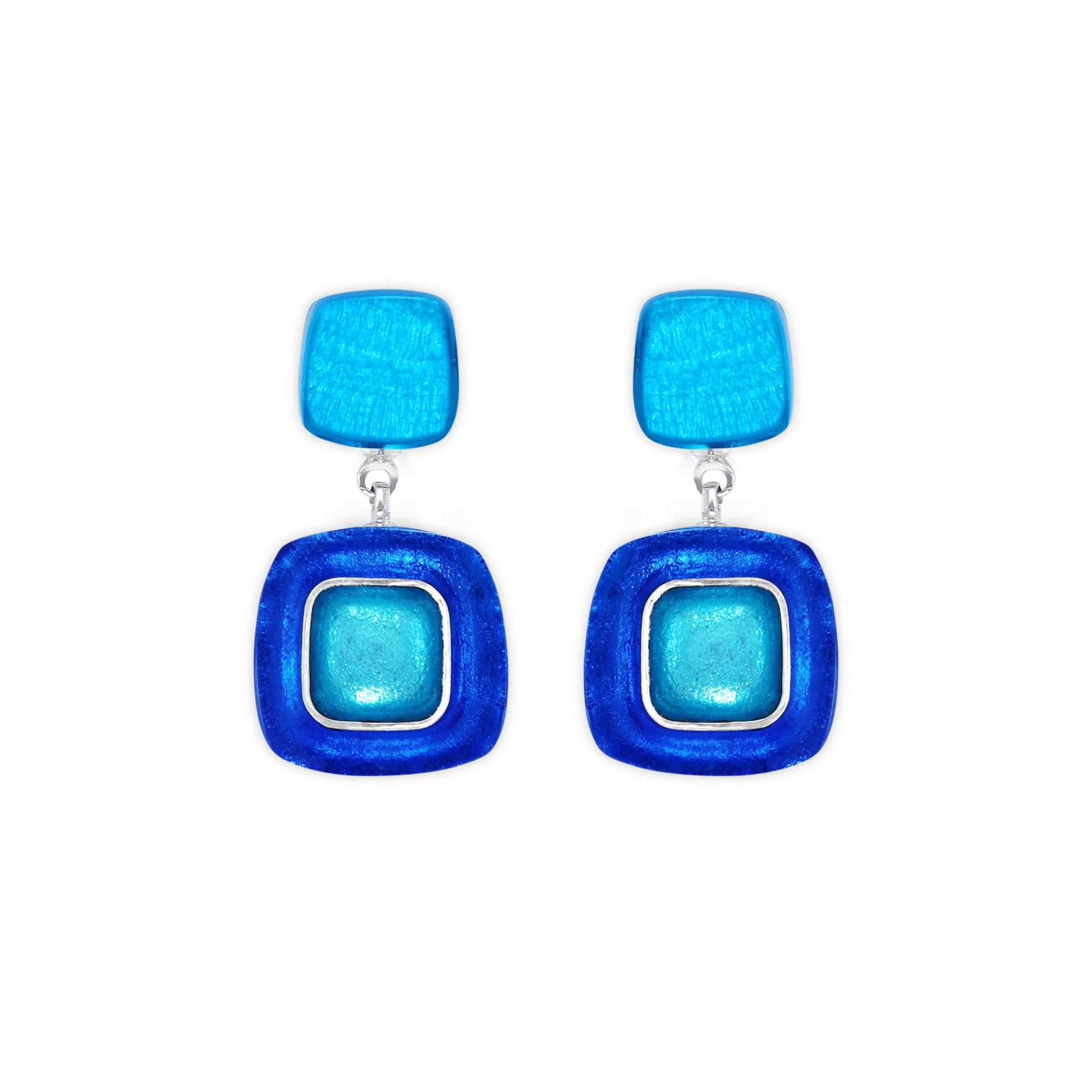 Turquoise Abstract Squares Shiny Double Drop Stud Earrings | The Jewellery Stop
