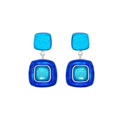 Turquoise Abstract Squares Shiny Double Drop Stud Earrings | The Jewellery Stop