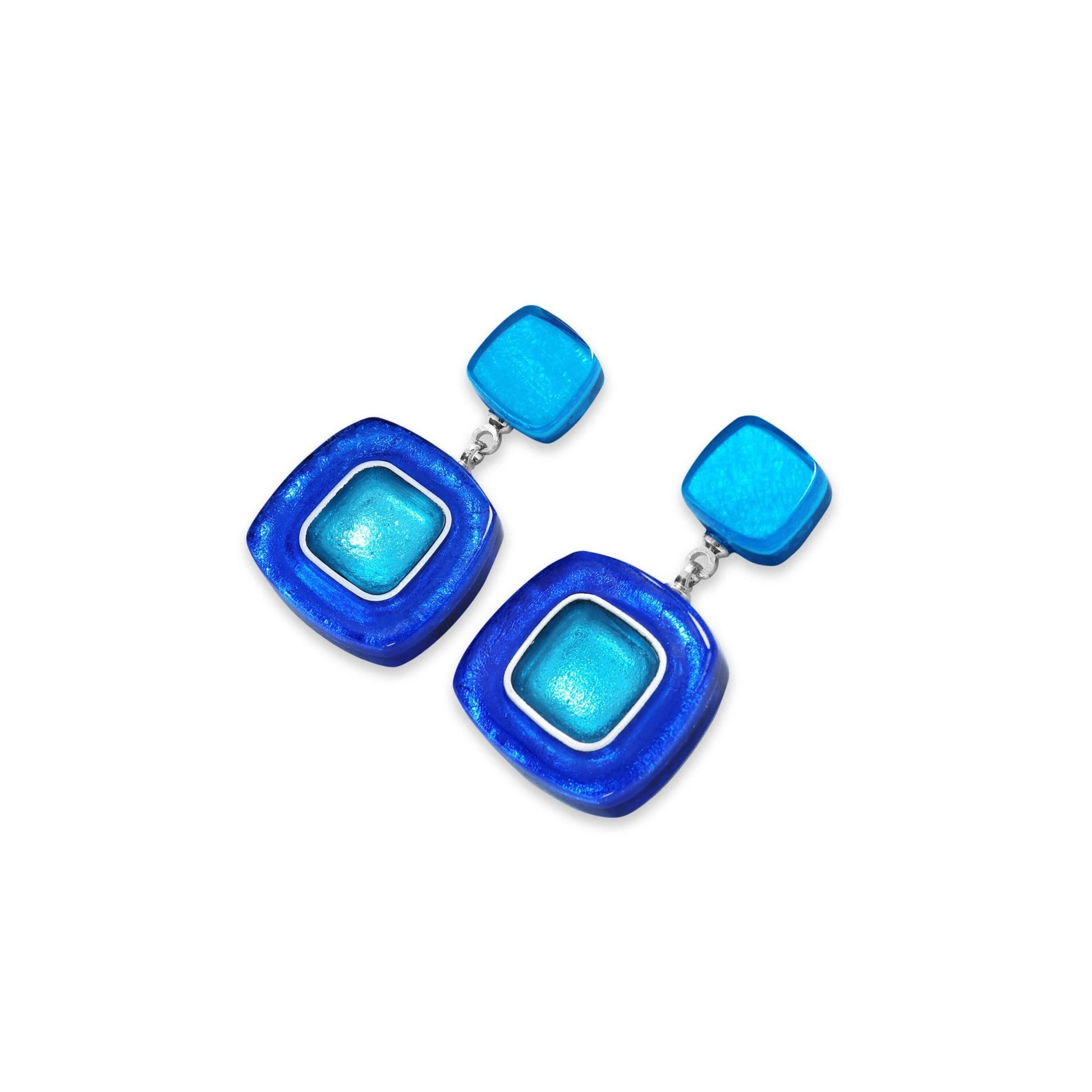 Turquoise Abstract Squares Shiny Double Drop Stud Earrings | The Jewellery Stop